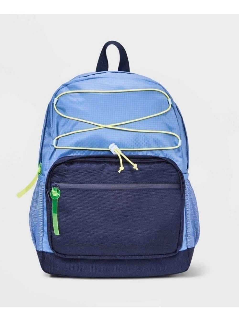 Blue backpack with Navy front pocket and bright yellow bungee cord detailing